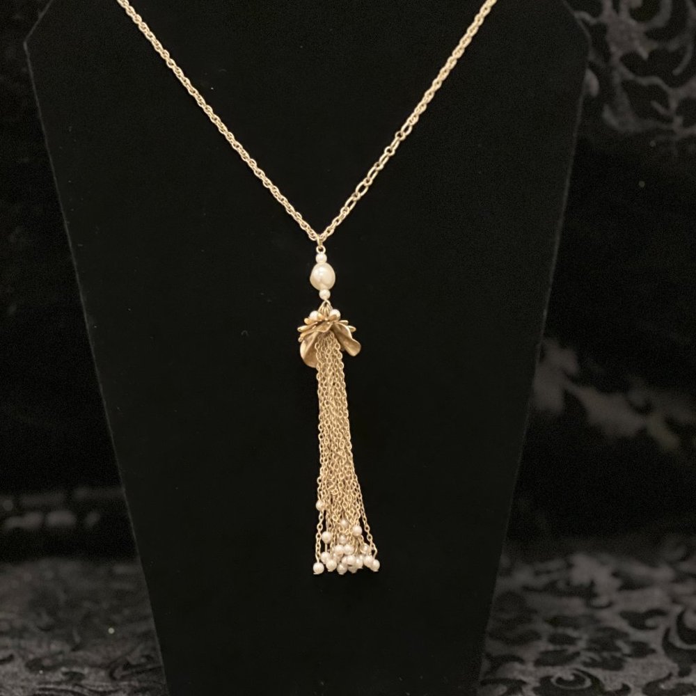 Gold tone 32" necklace embellished with multi-chain pearl drop pendant *New